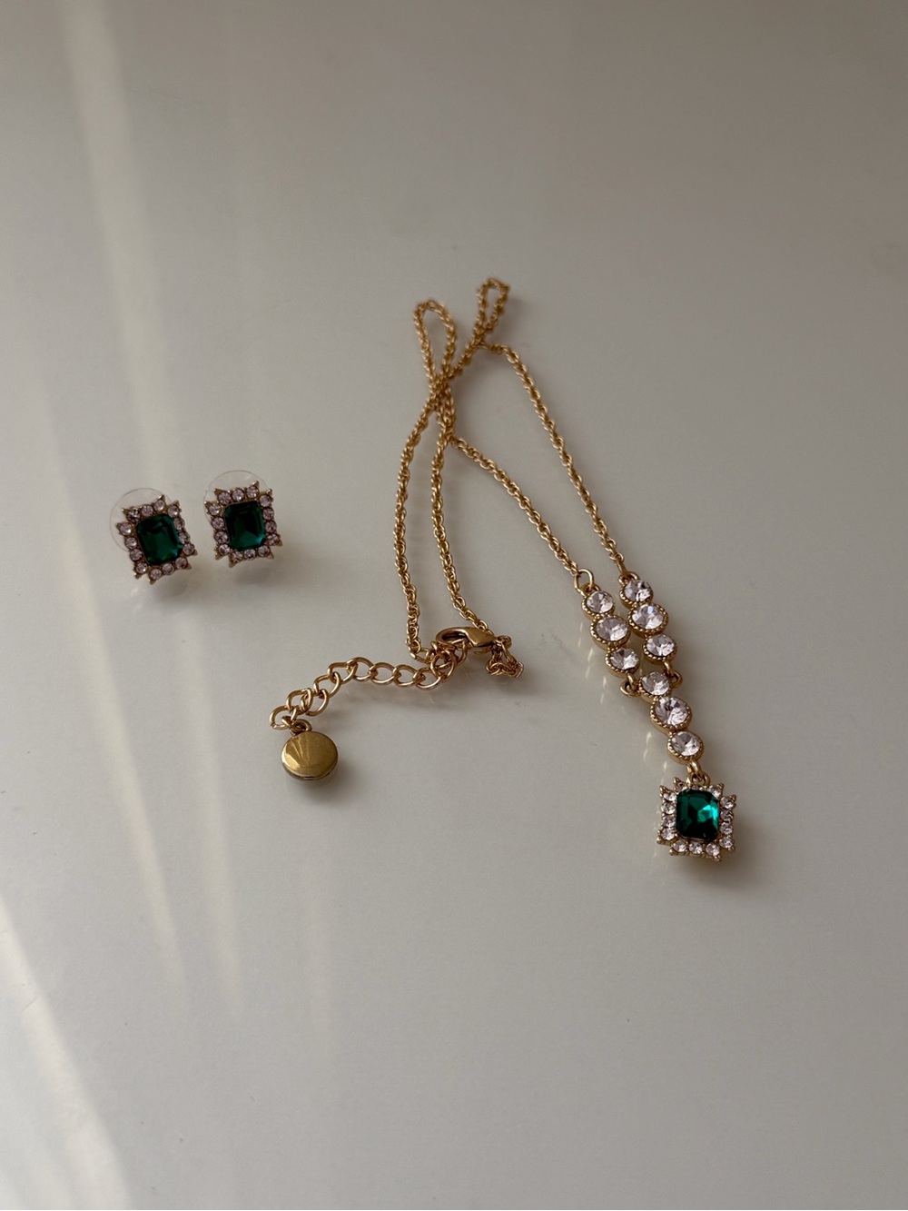 Gold-Tone Necklace and Stud Earrings Set with Emerald Green Stones